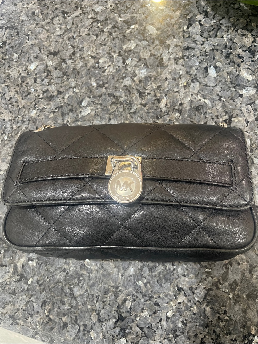 Michael Kors Quilted Black Leather Crossbody with silver MK Medallion